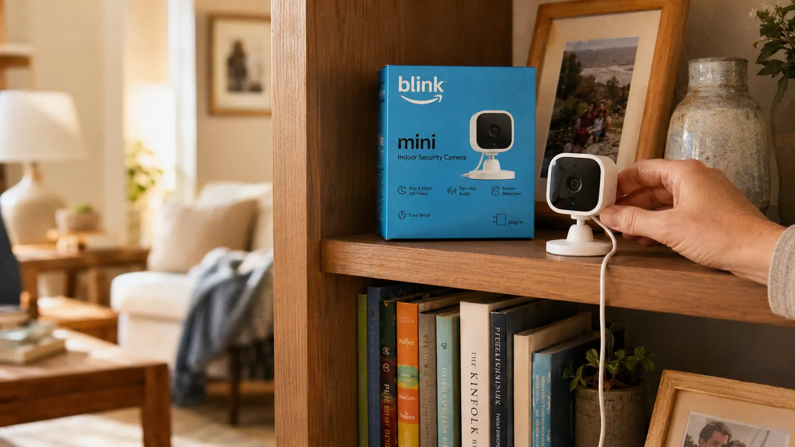 Blink Mini indoor camera sitting on a bookshelf, pointed toward a living room seating area, small white device with lens visible