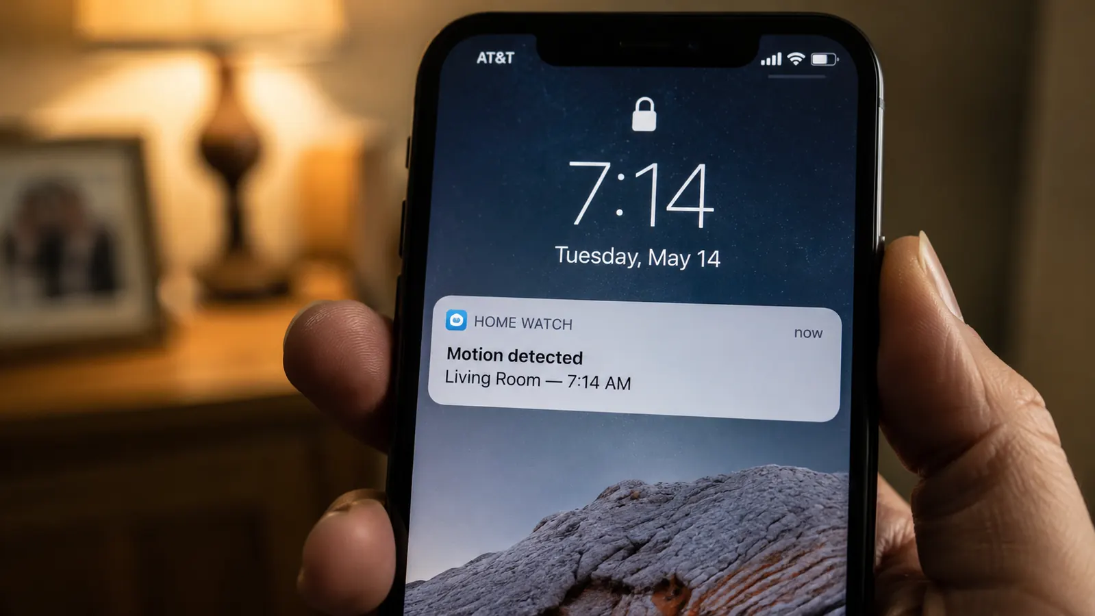 Smartphone showing a motion alert notification from a home camera app at 7:14am