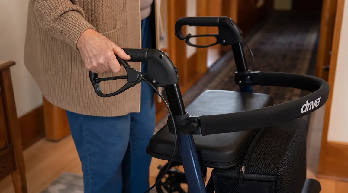 Close-up of hand gripping rollator walker handle with brake lever engaged