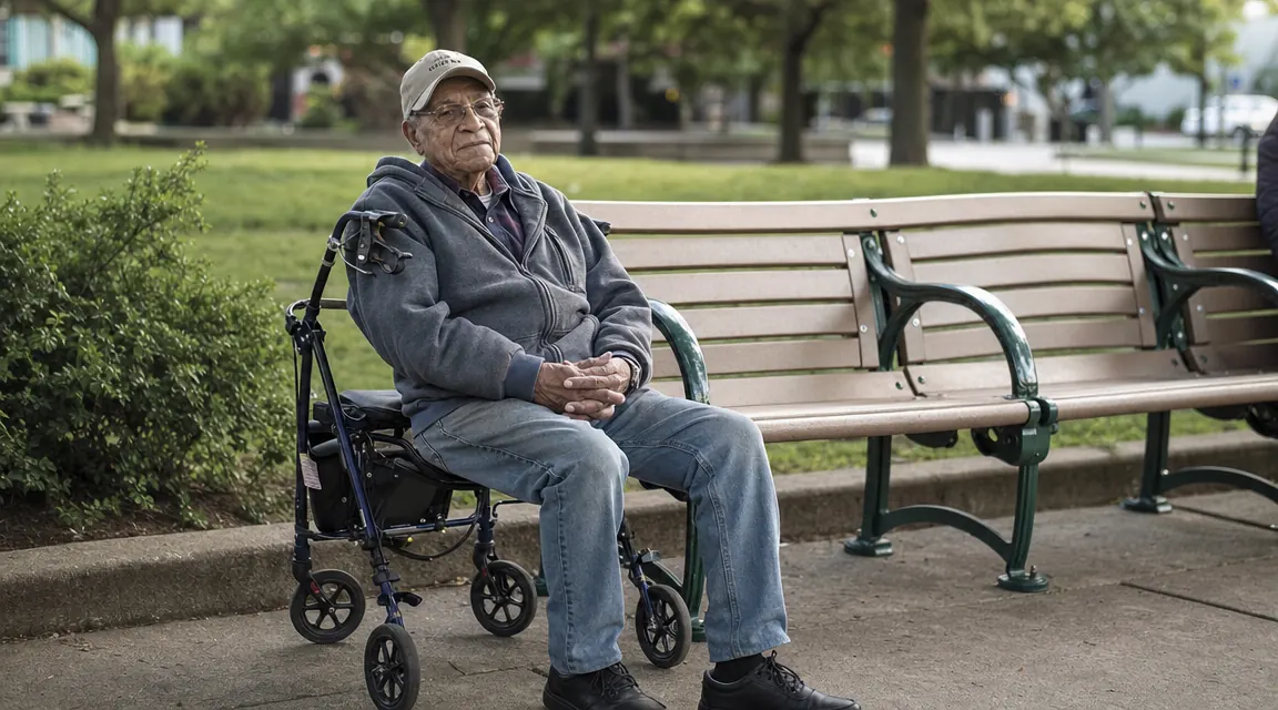 Senior man sitting on the built-in seat of a rollator walker resting in a park