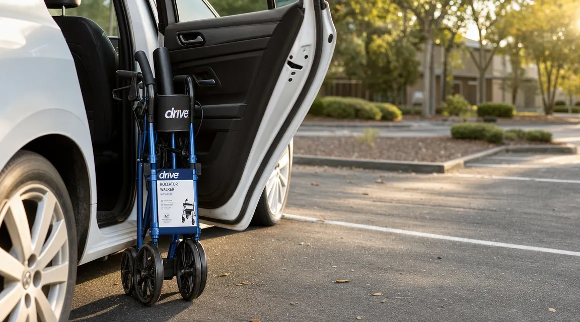 Rollator walker folded and standing next to a car door in a parking lot