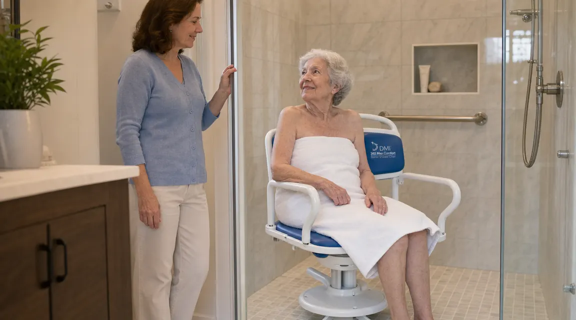 Adult daughter steadying her elderly mother as she pivots from the shower chair to standing, both looking relaxed