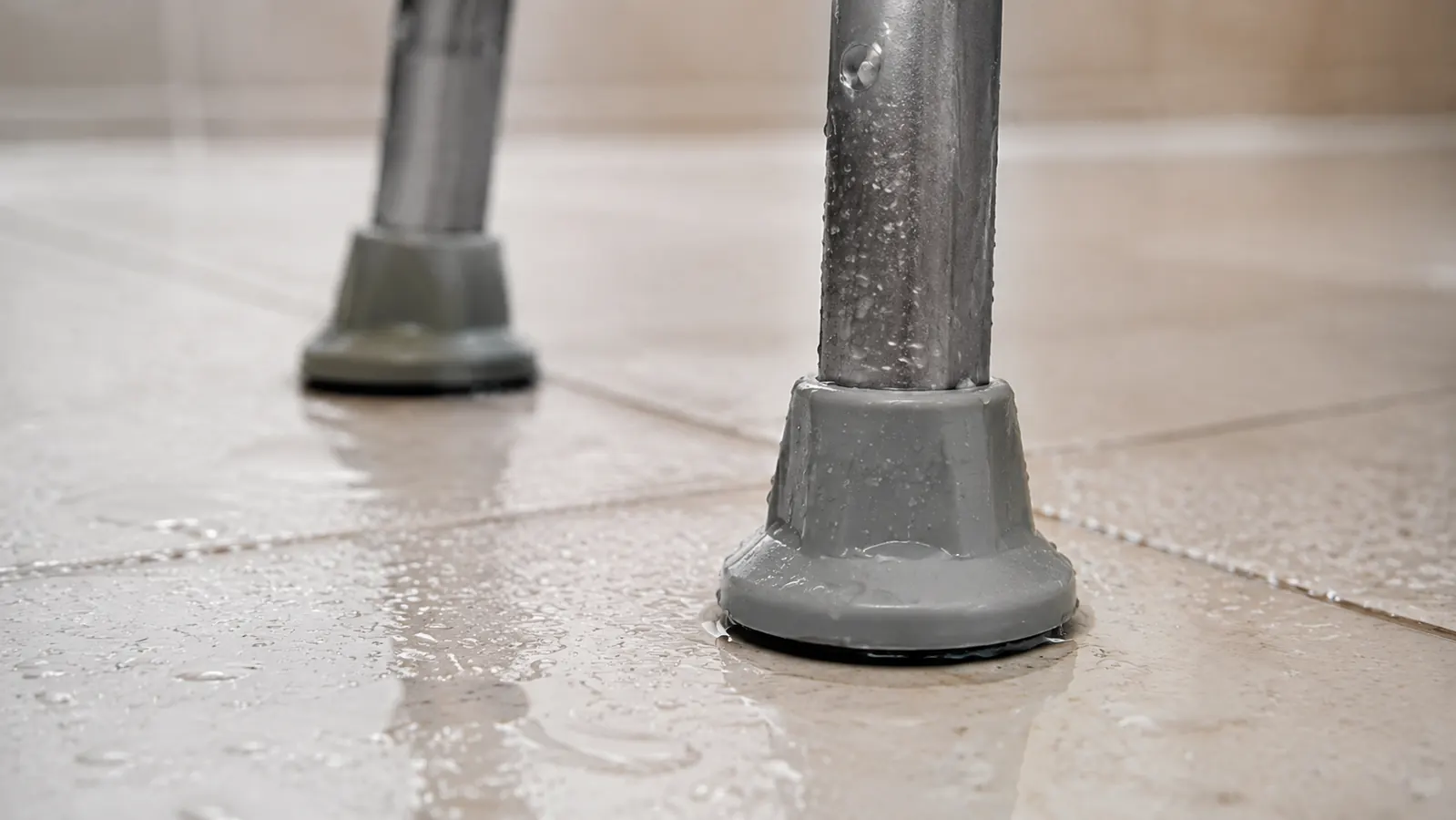 Close-up of non-slip rubber feet on a shower chair gripping a wet tile floor