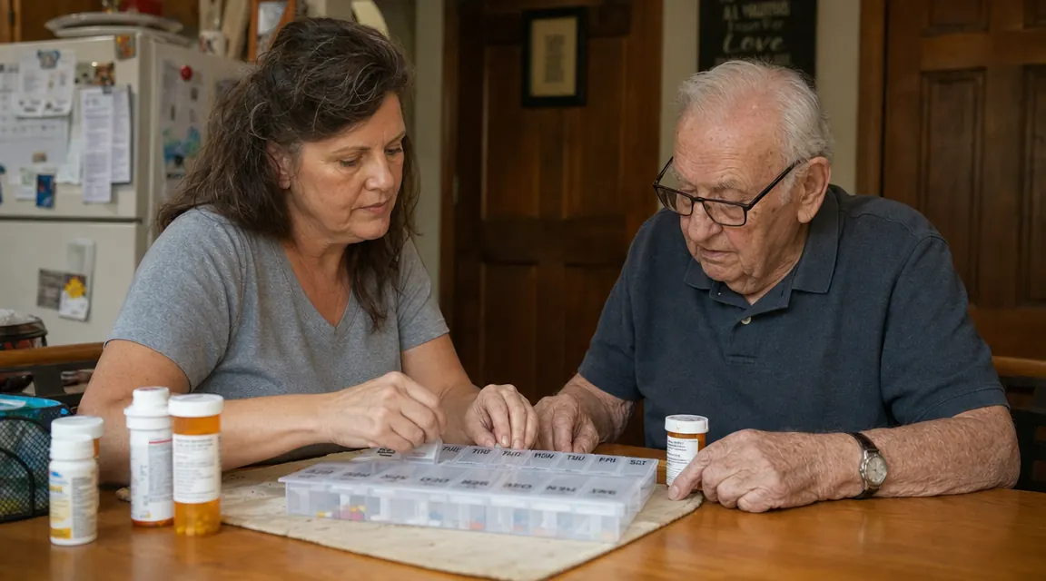 Adult daughter helping her elderly father sort a month of medications into a large pill organizer tray at a kitchen table