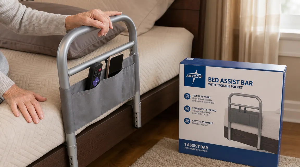 Close-up of the Medline Bed Assist Bar installed on a standard bed frame, showing height adjustment and storage pocket