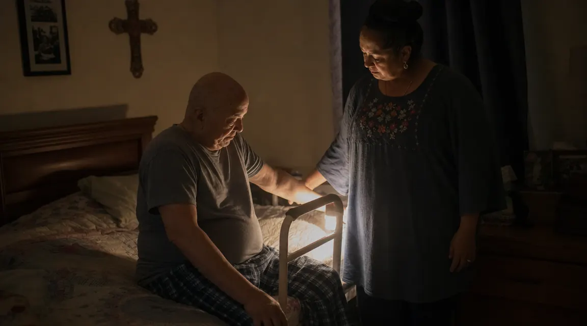 Nighttime bedroom scene showing a bed assist rail illuminated by a small nightlight nearby