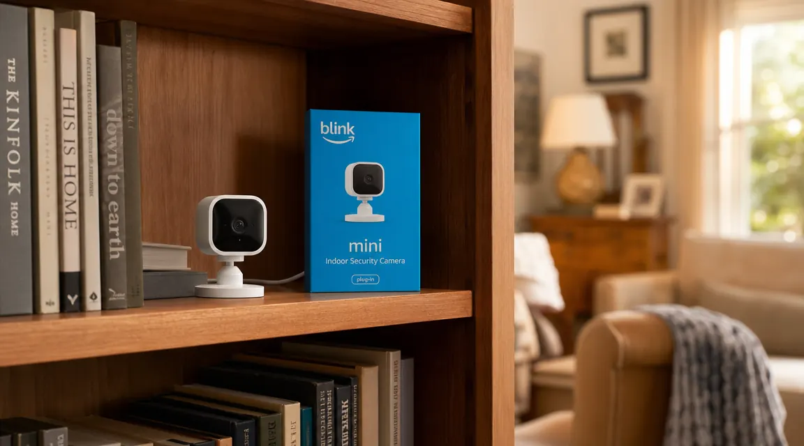 Small white Blink Mini camera plugged into an outlet on a bookshelf, living room setting, soft natural light