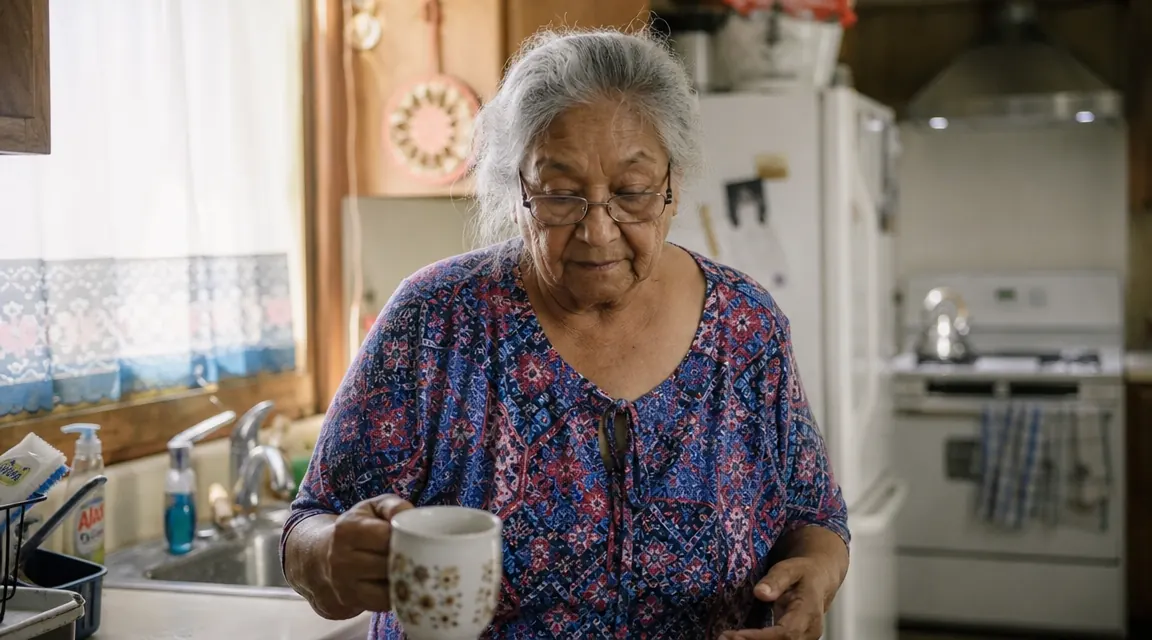 Elderly woman in her kitchen in the morning, pouring coffee, seen from a slightly elevated angle as if from a camera on a shelf