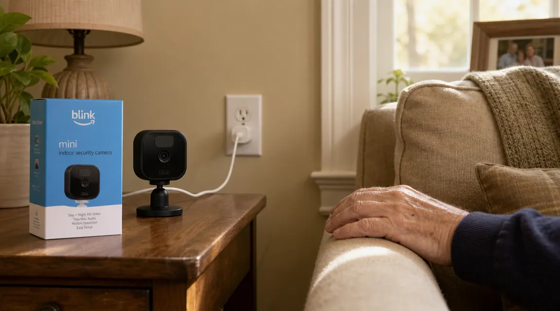 Blink Mini camera plugged into a wall outlet with its USB cable, cord draped behind a side table