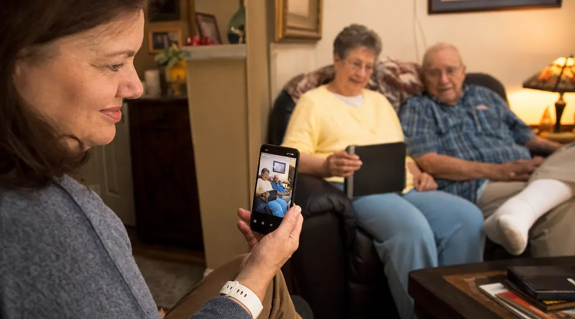 Elderly woman sitting in her living room chair while a caregiver checks a phone app showing a live camera feed