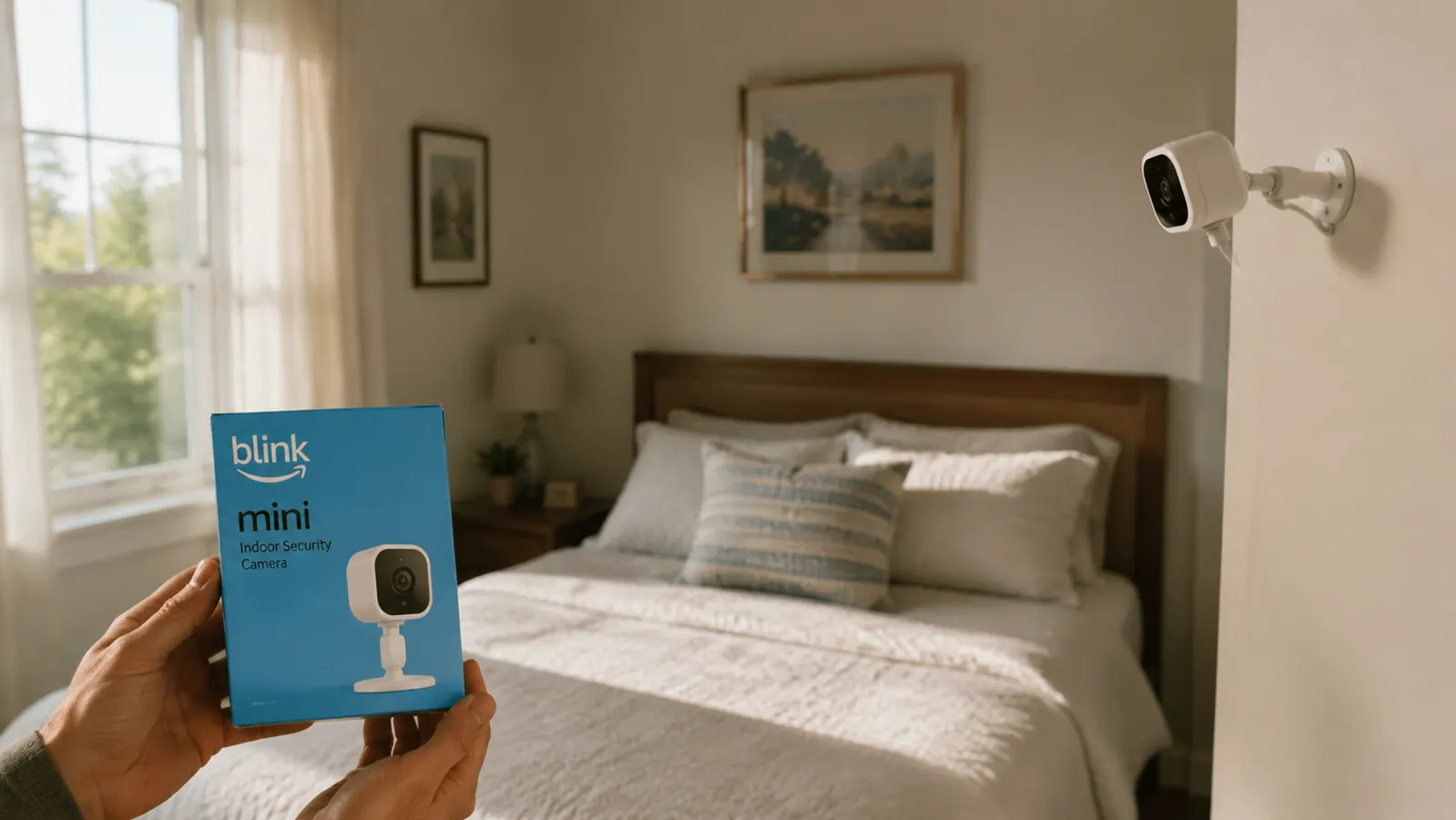 Blink Mini camera mounted on a wall bracket in a bedroom corner, aimed at a bed