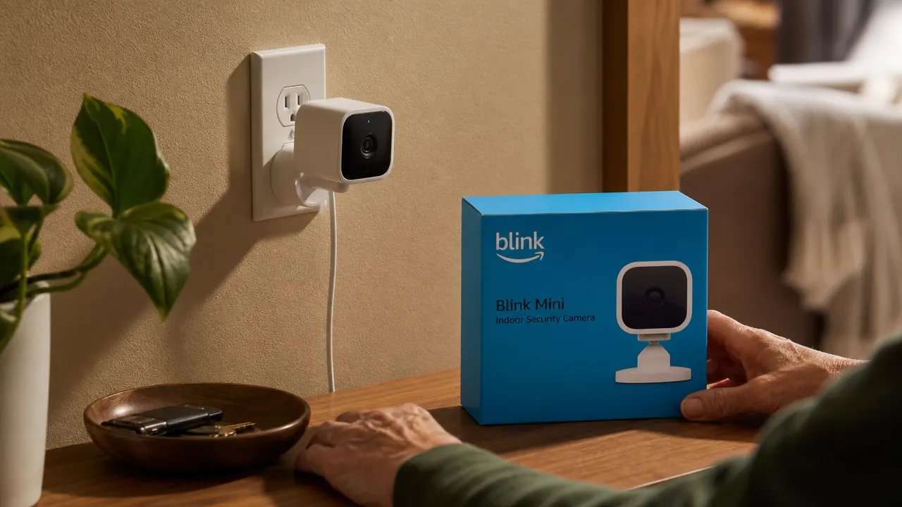 Close-up of a Blink Mini camera plugged into a wall outlet next to a houseplant, showing its compact size