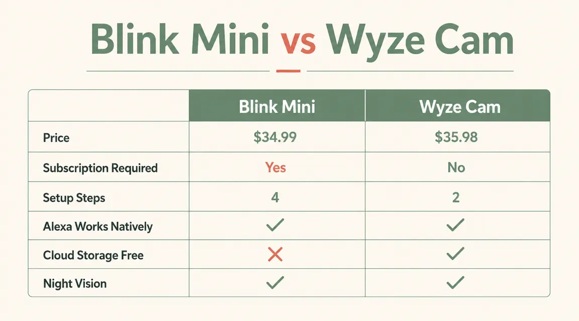 Comparison chart showing Blink Mini versus Wyze Cam on price, subscription, setup steps, and Alexa compatibility