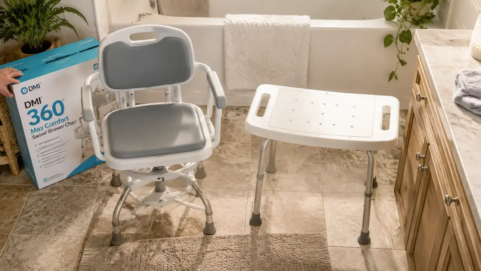 DMI 360 swivel shower chair with padded seat and armrests shown next to a standard white plastic bath bench for size comparison