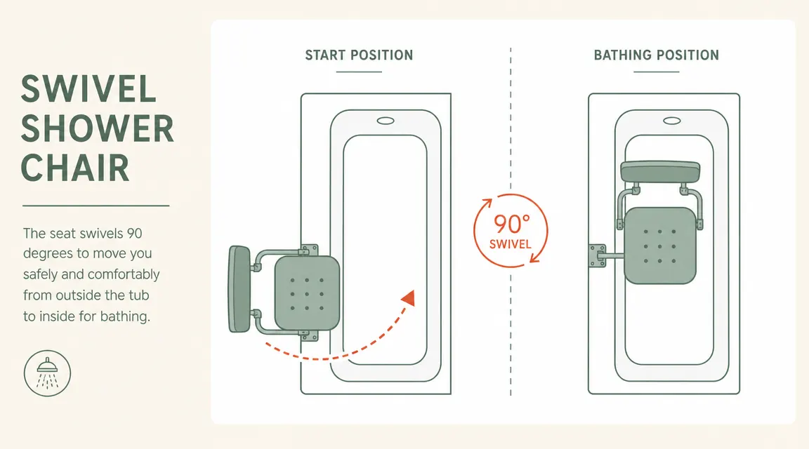 Diagram showing the pivot motion of a swivel shower seat rotating from outside the tub to inside, with arrows indicating the 360-degree rotation path