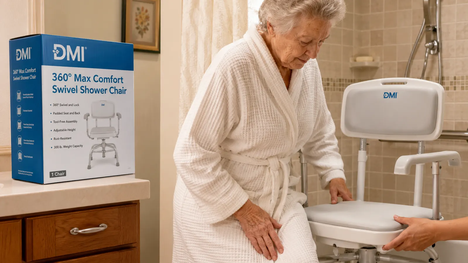 Close-up of the DMI 360 shower chair swivel mechanism and padded seat from an angle