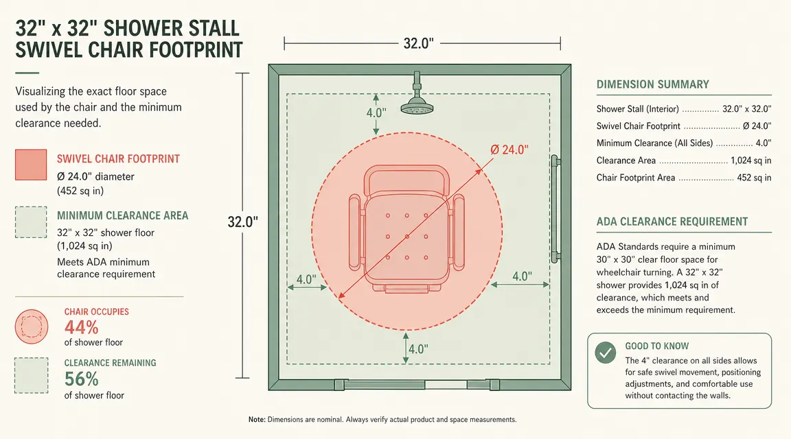 Diagram comparing swivel shower chair dimensions against a standard 32-inch shower stall floor plan