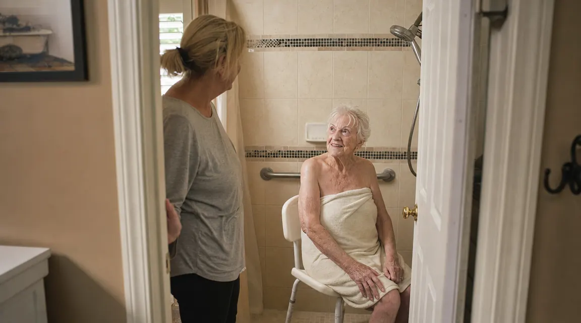 Elderly woman seated comfortably in shower chair while adult daughter stands nearby ,  both relaxed