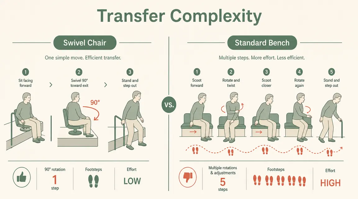 Diagram comparing ease-of-transfer with a swivel chair versus a standard bench, showing footstep paths and body rotation angles