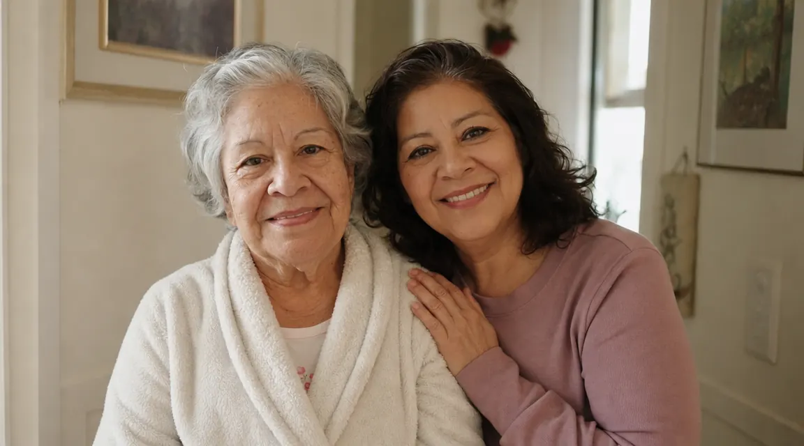 Adult daughter and elderly mother laughing together in the hallway outside a bathroom, both relaxed, morning light