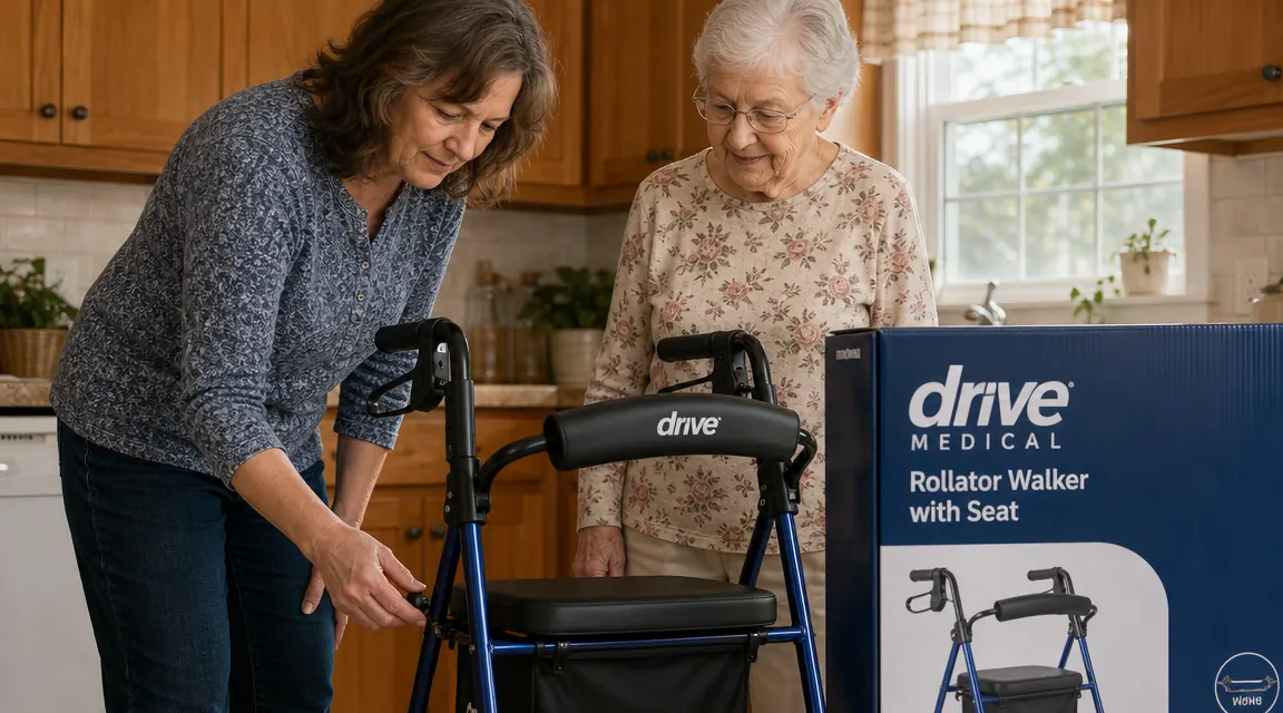 Adult daughter helping elderly woman adjust the handlebar height on a Drive Medical rollator
