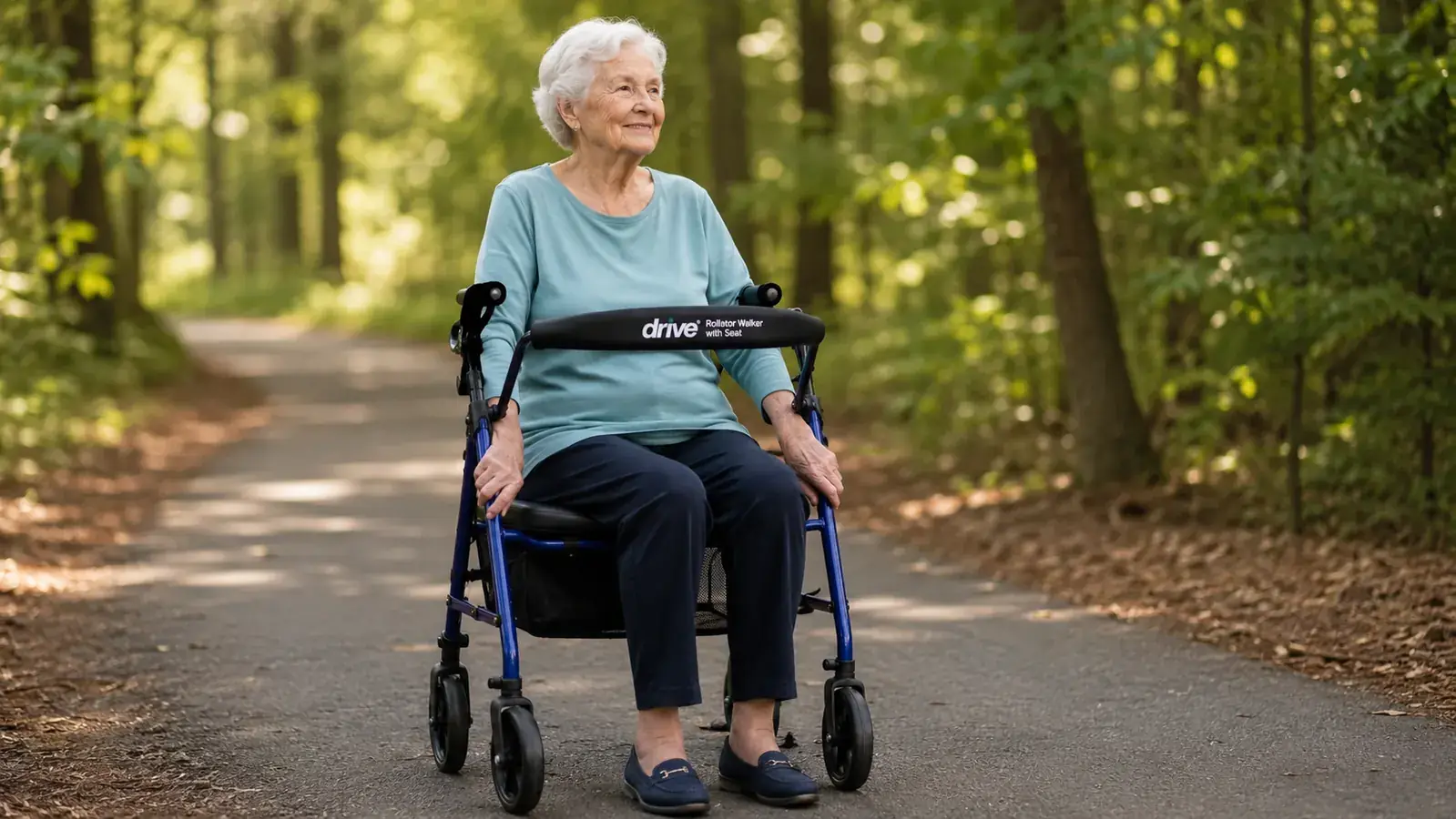 Elderly woman sitting on a rollator seat while resting on a walking path outdoors