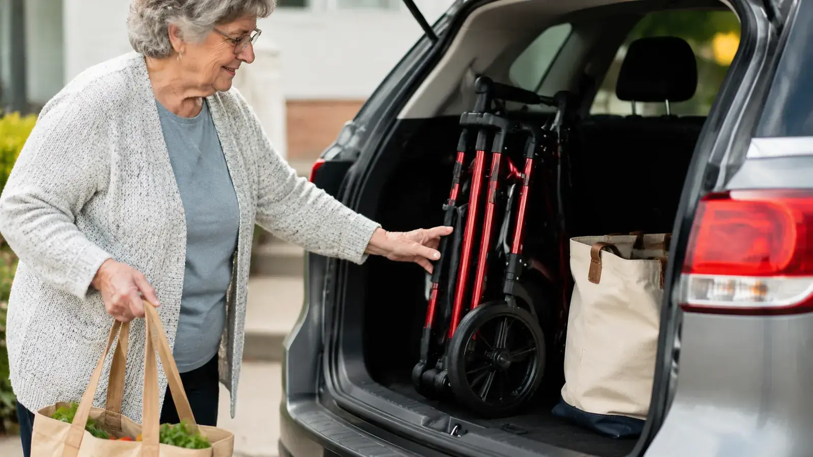 Rollator stored folded in a car trunk next to a reusable grocery bag