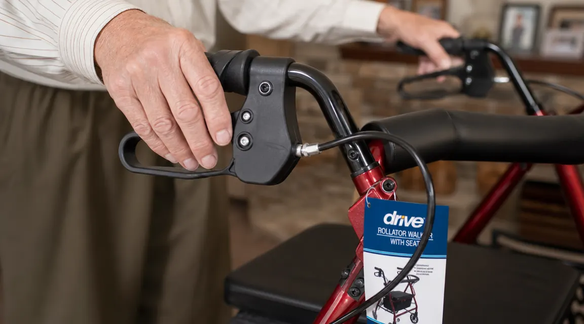 Drive Medical rollator walker cable brake system showing the loop cable and hand lever in detail