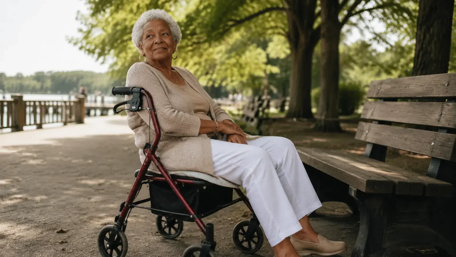 Older woman seated on the rollator walker's padded seat at a park, smiling and resting