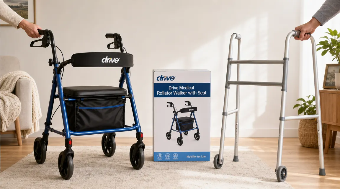 Side-by-side view of a Drive Medical rollator walker and a standard two-wheel walker on a white background