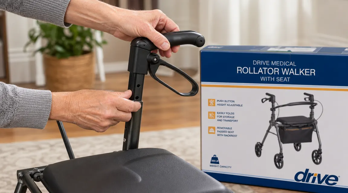 Close-up of a caregiver adjusting the handle height on a Drive Medical rollator walker