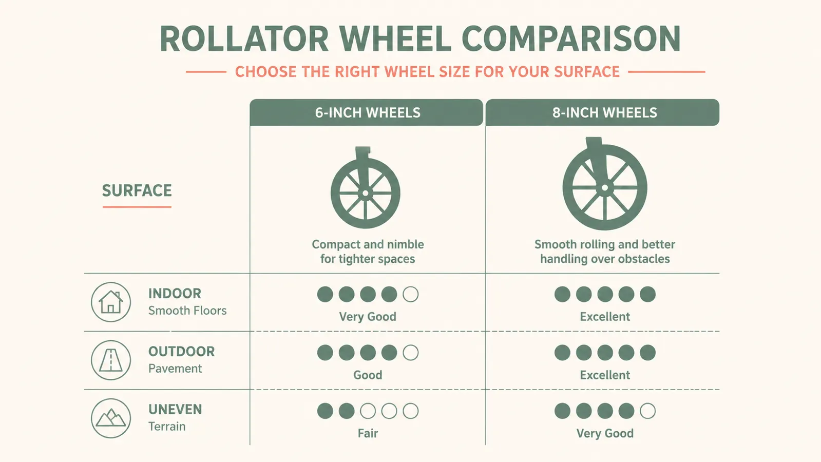 Comparison chart showing rollator wheel sizes ,  6-inch wheels vs 8-inch wheels ,  with terrain suitability labels