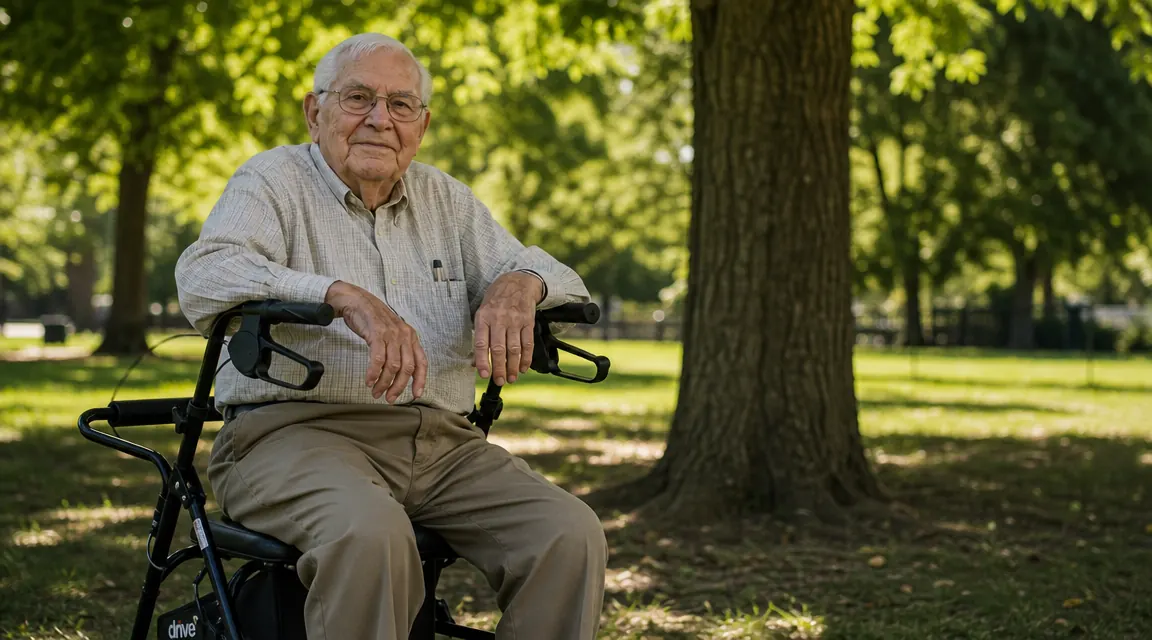 Elderly man sitting on the padded seat of a rollator walker to rest during a walk in a park