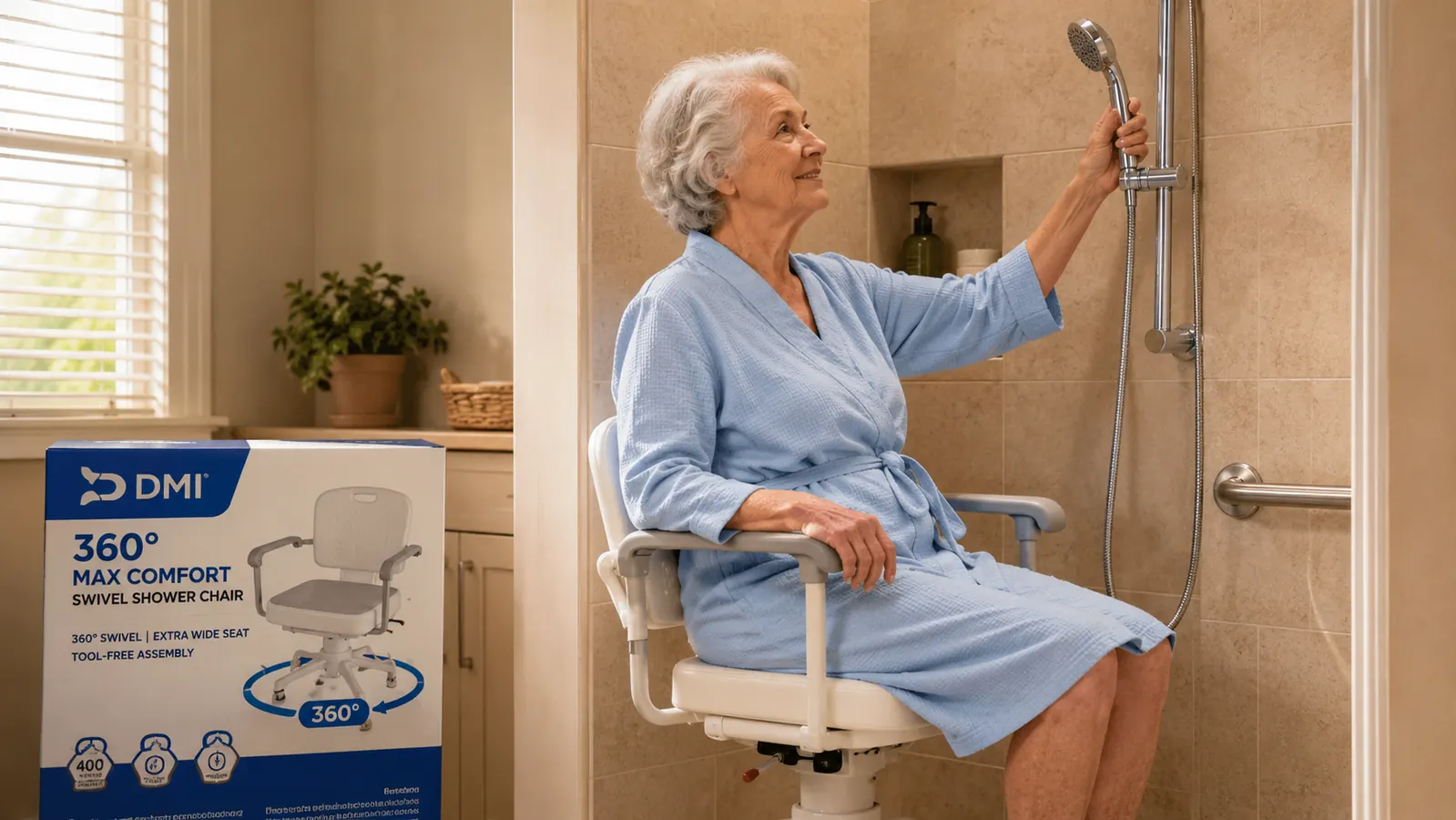 An elderly woman seated in a padded swivel shower chair while a handheld showerhead directs water safely