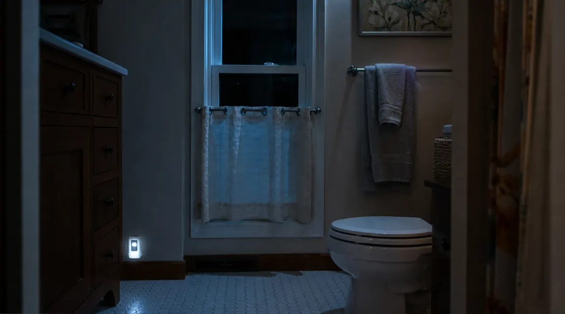 A well-lit bathroom at night with a small LED nightlight plugged in near the floor beside the vanity