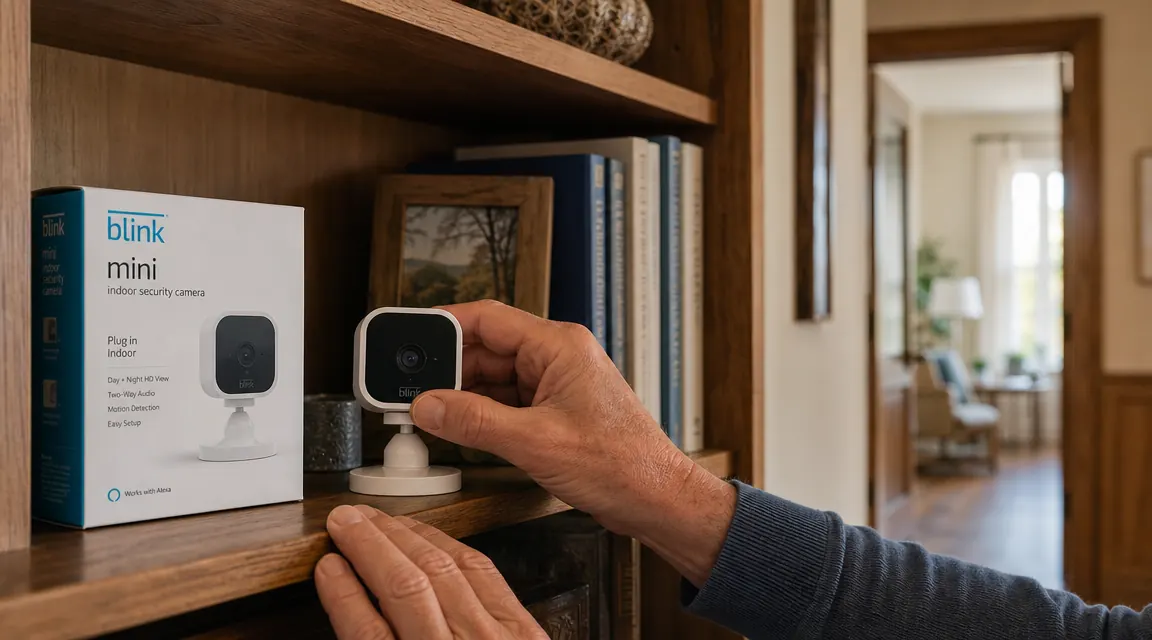 Hand placing a small Blink Mini camera on a bookshelf at eye level, aimed toward a living room entryway