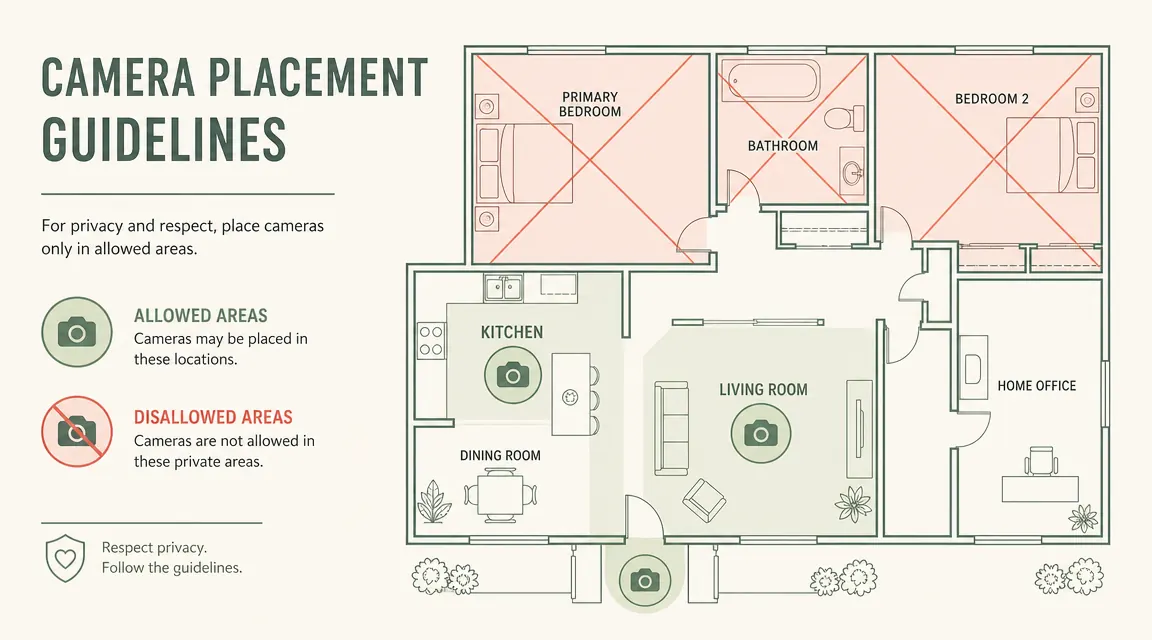 Diagram showing good camera placement zones in a home floor plan ,  entryways, kitchen, living room ,  with bedroom and bathroom marked as off-limits