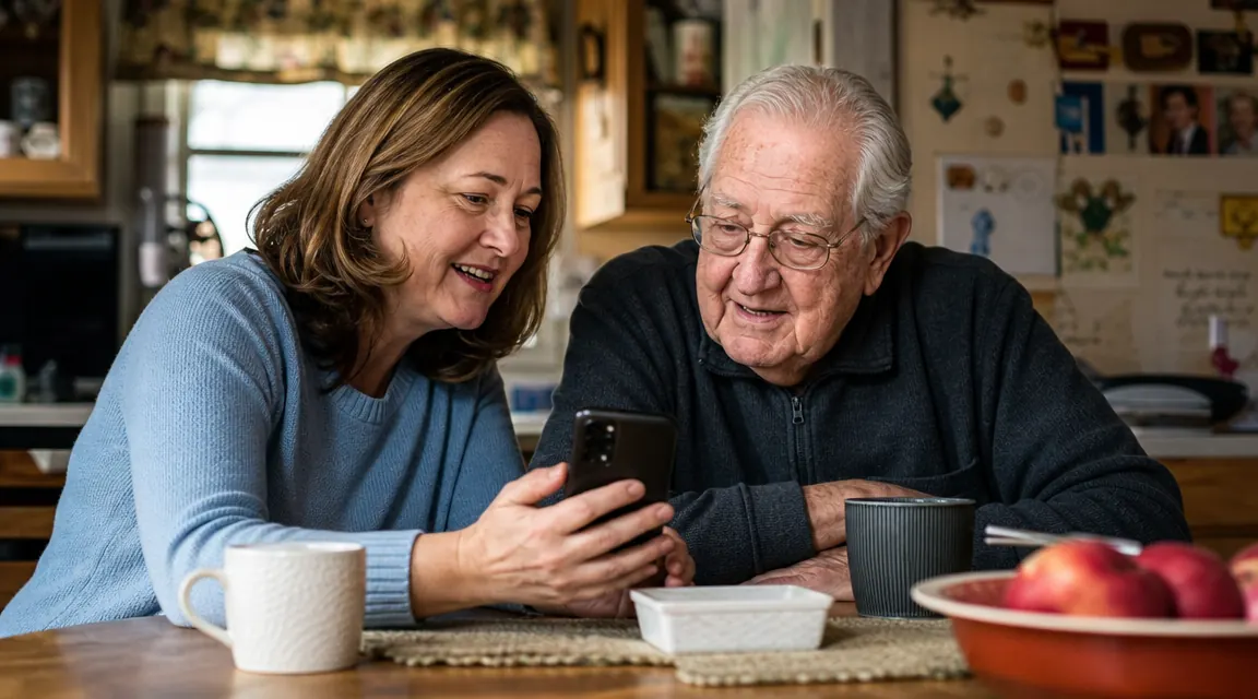 Older man and adult daughter sitting together at a kitchen table, looking at a phone showing a camera app, relaxed conversation