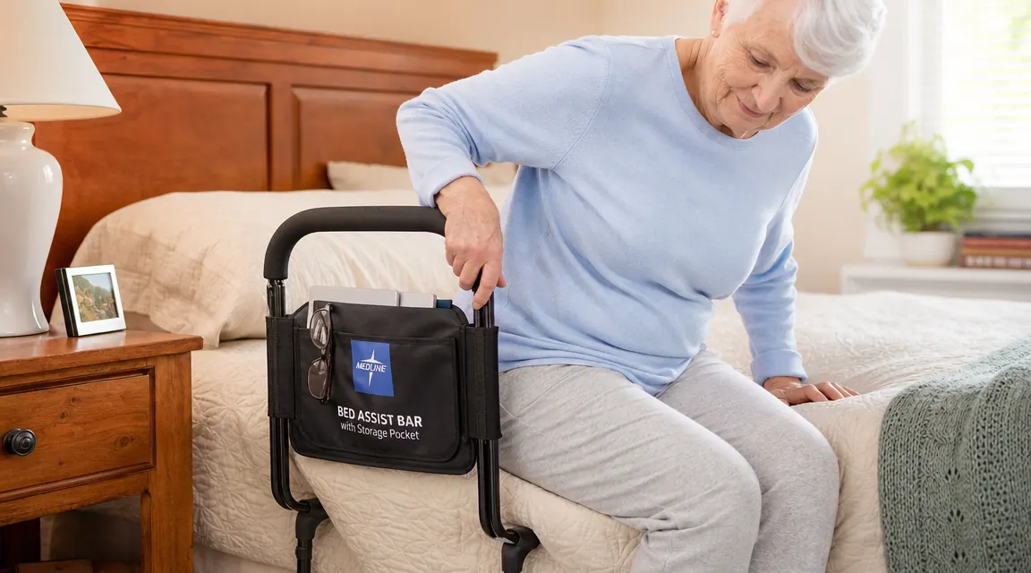 Medline bed assist bar installed on the side of a bed, with a hand gripping the handle while sitting up