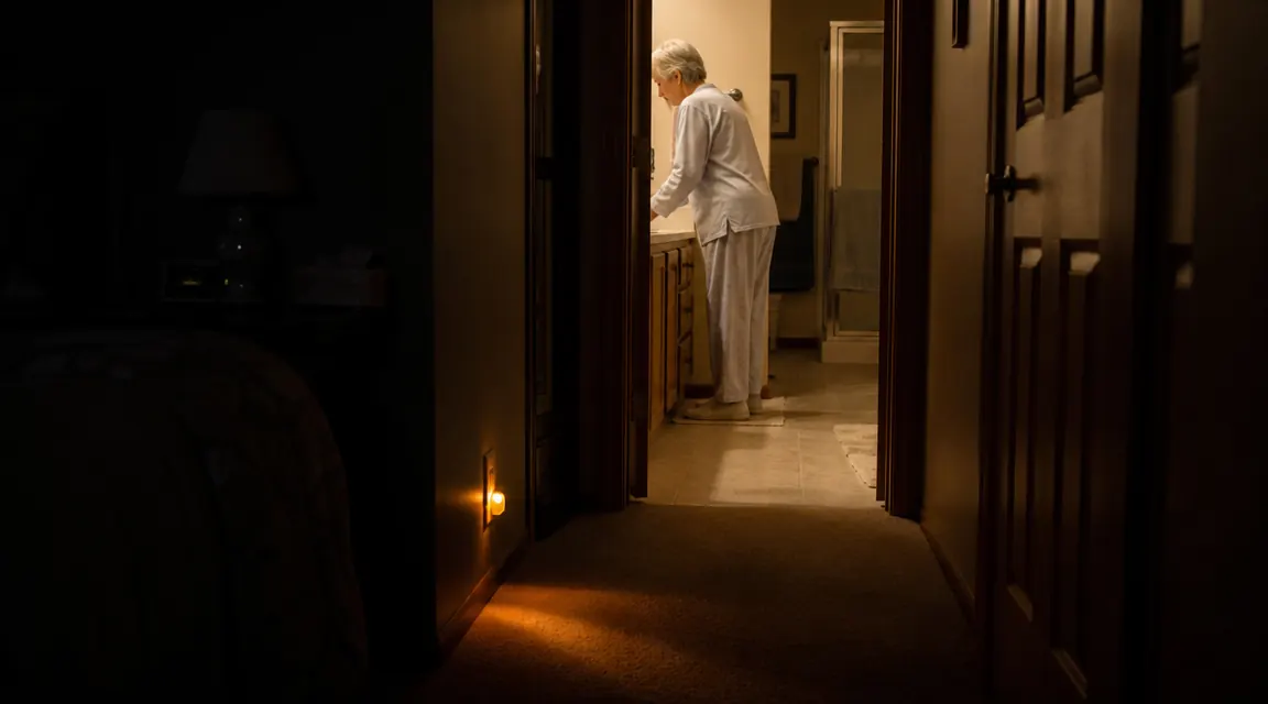 Plug-in amber nightlight glowing softly in a dark hallway at floor level, illuminating the path without harsh brightness