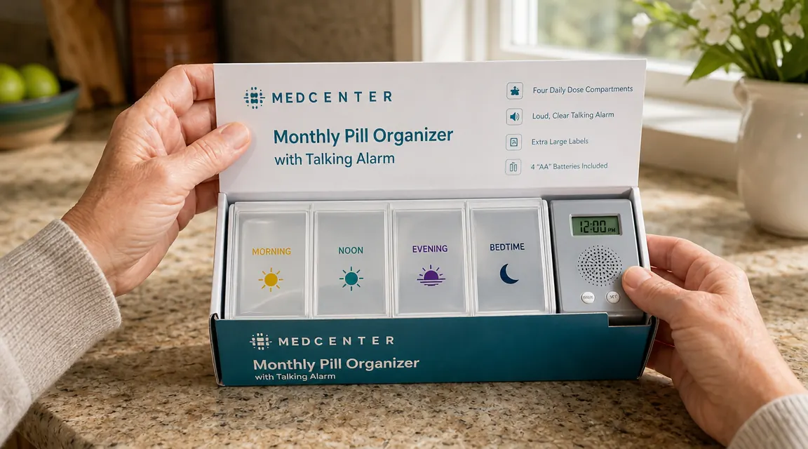 The Medcenter monthly pill organizer with talking alarm, open tray showing compartments labeled for four daily time slots