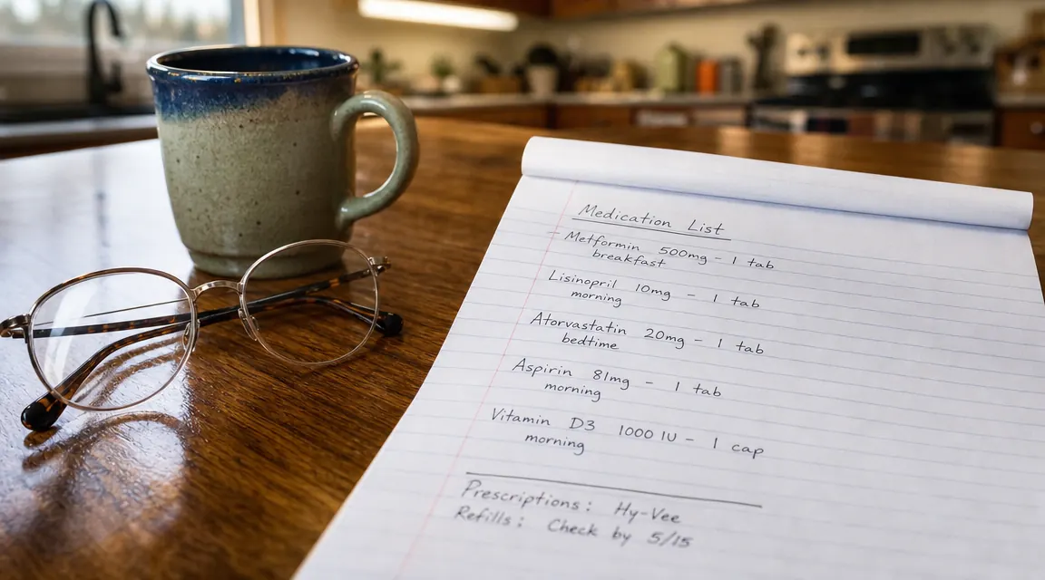 Handwritten medication list on a notepad next to a reading-glasses case and a coffee mug, on a wood table