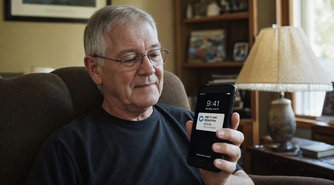 Elderly man checking a phone notification reminding him to take his afternoon medications
