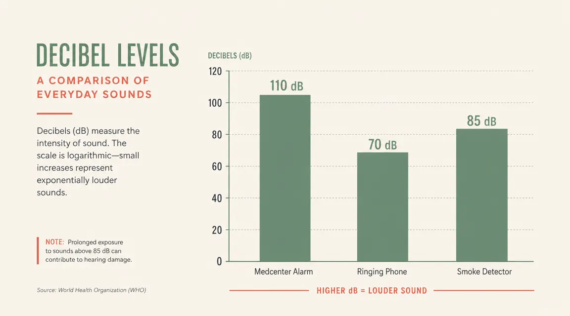 Sound level comparison chart showing Medcenter alarm volume versus a typical smoke detector and a ringing phone