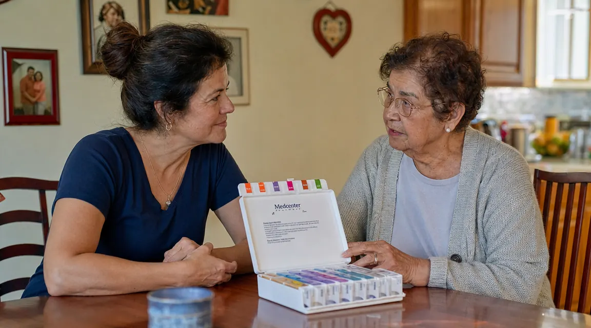 Adult daughter sitting beside her elderly mother at a kitchen table, both looking at a pill organizer together, warm and relaxed