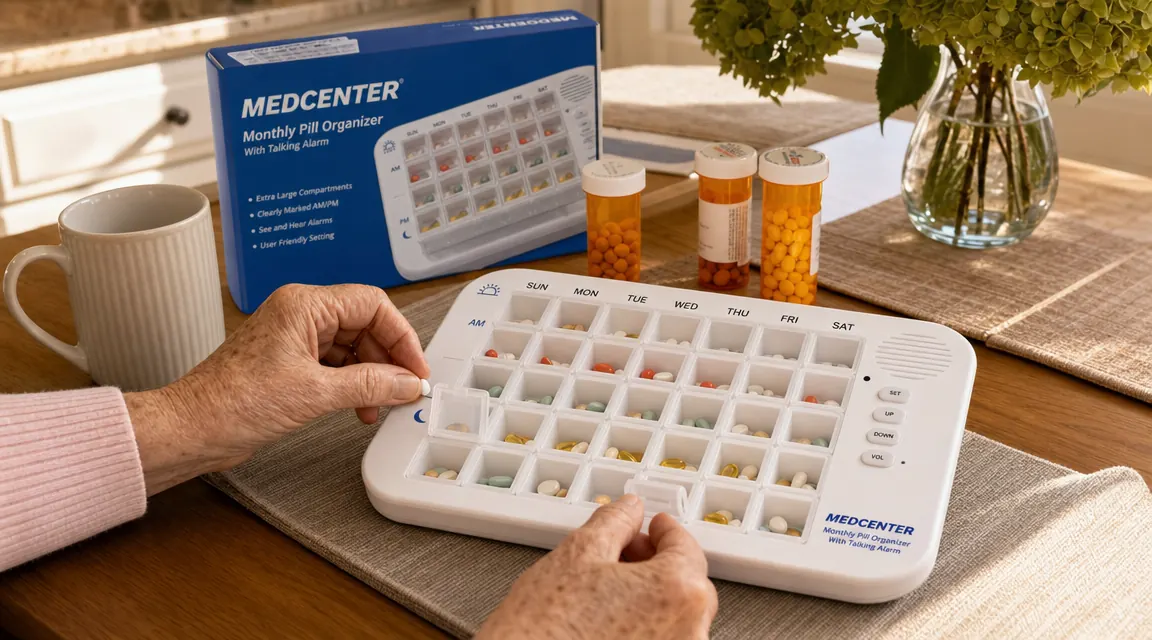 Close-up of hands loading daily pill compartments into the Medcenter monthly organizer tray