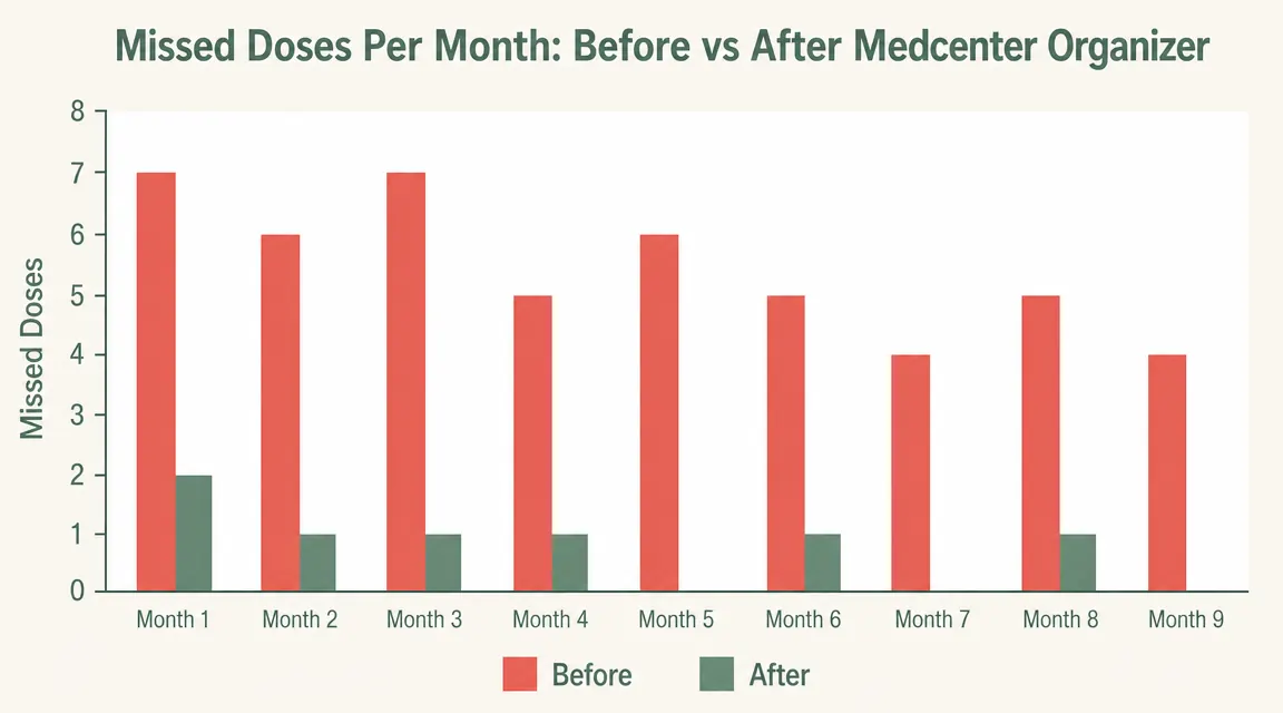 Chart showing medication compliance rate over 9 months with the Medcenter organizer compared to baseline