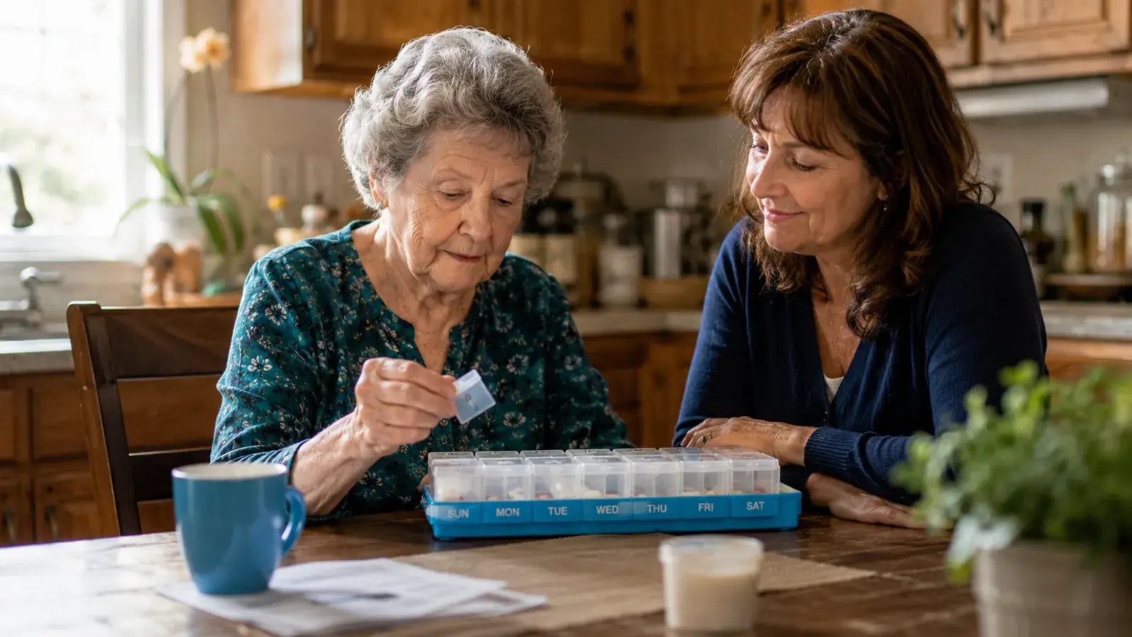 Elderly woman sitting at a kitchen table reviewing her daily medication compartment while a caregiver looks on