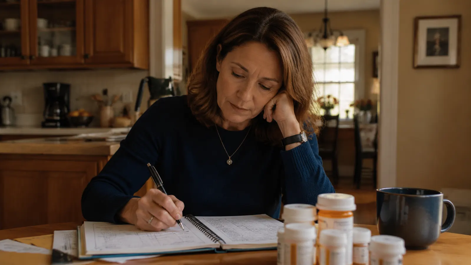 Adult daughter sitting at kitchen table reviewing her mothers medication schedule on a notepad