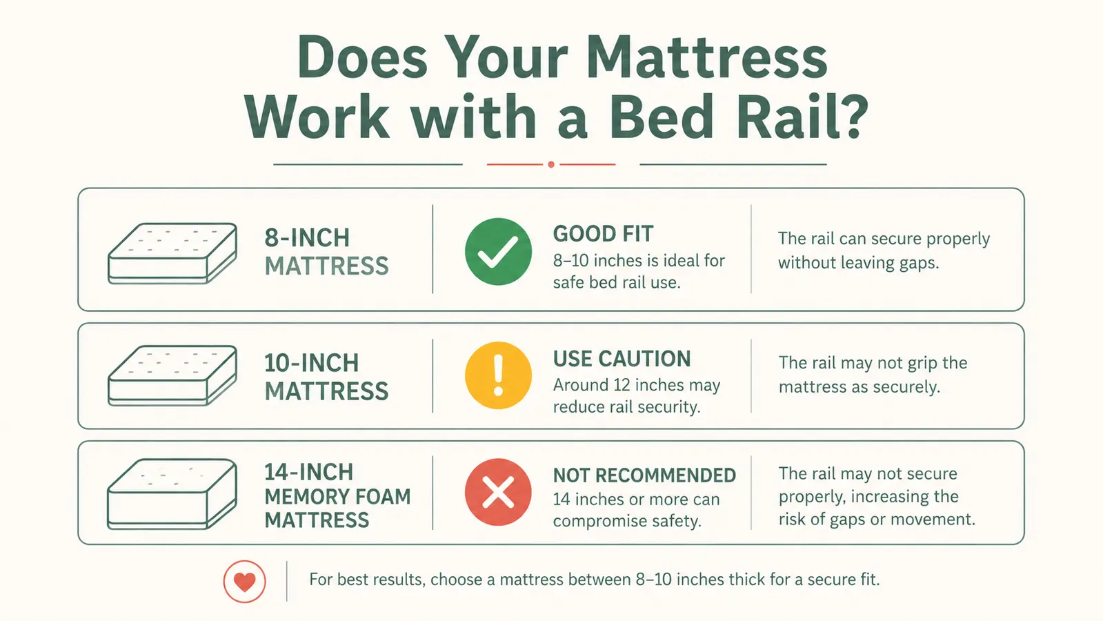 Diagram showing mattress thickness ranges and whether a bed assist bar base plate fits correctly at each thickness